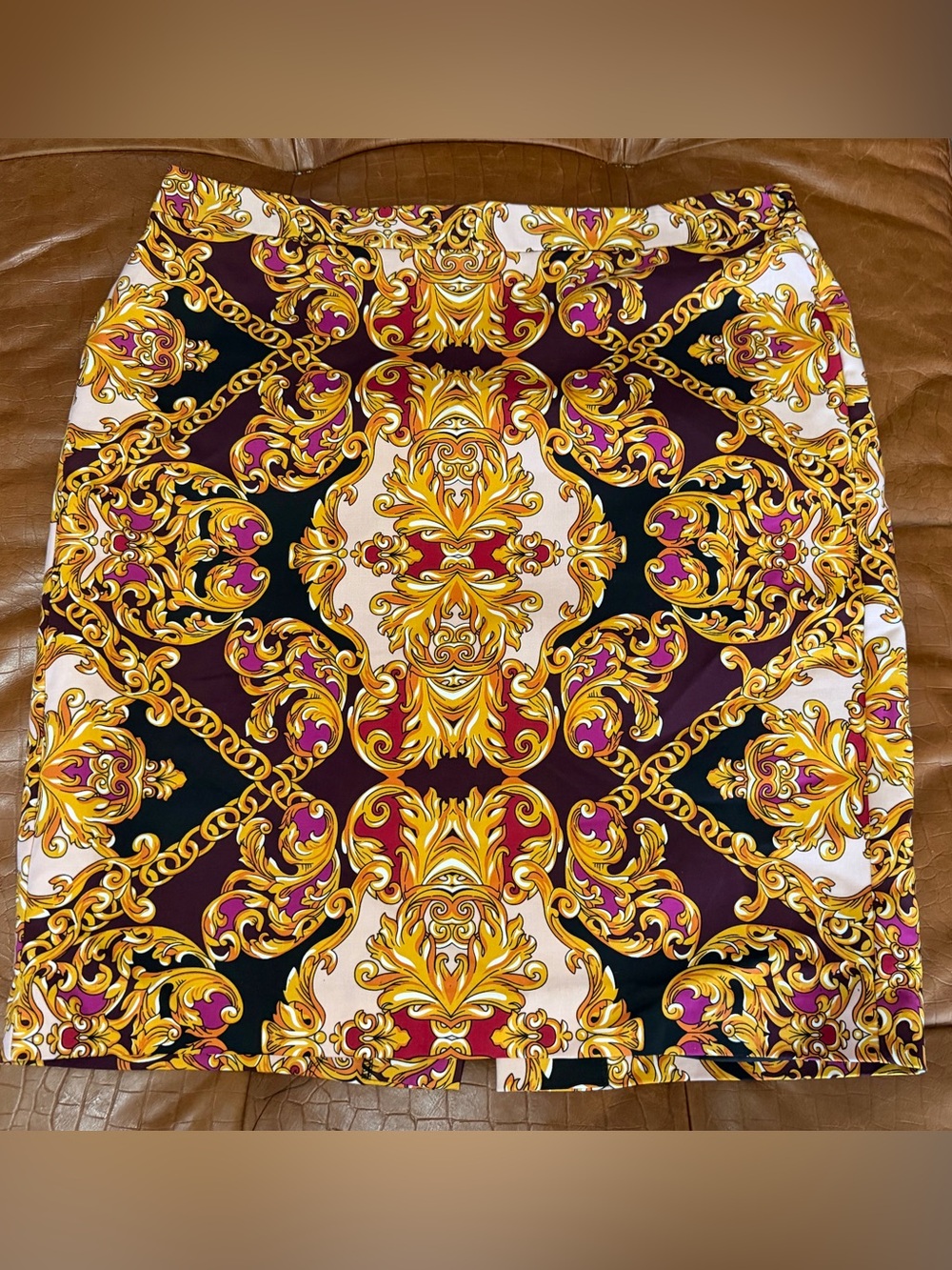 Baroque Print Pencil Skirt and Blouse in Gold and Black XL 16